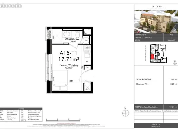 Studio 1 pièce 17 m² 