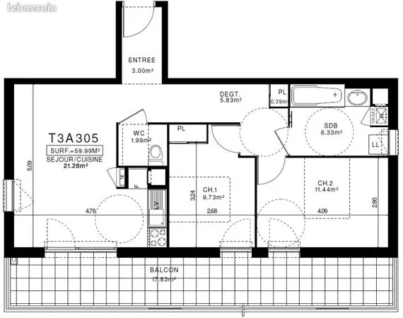 Appartement 3 pièces 60 m² 