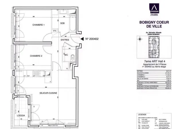 Appartement 3 pièces 61 m² 