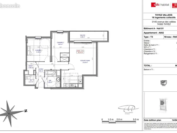 Appartement 3 pièces 64 m² 