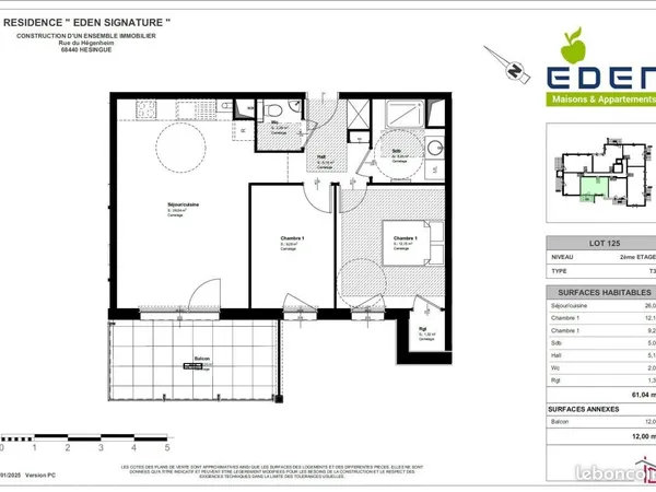 Appartement 3 pièces 61 m² 