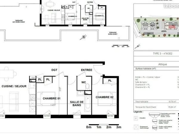 Appartement 3 pièces 61 m² 