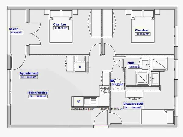 Loue appartement 64m² Montpellier - Colocation de 3 chambres meublées avec balcon 