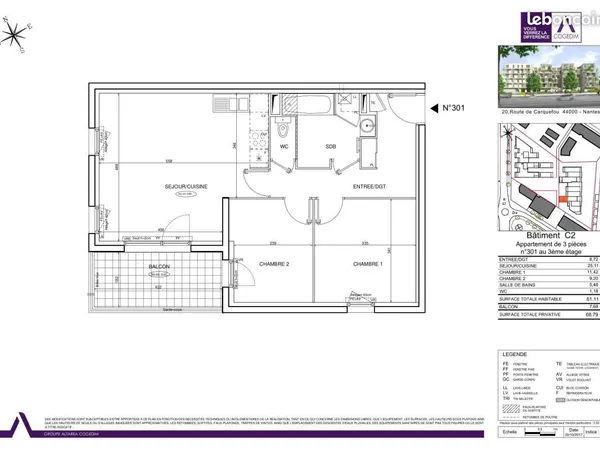 Appartement 3 pièces 61 m² 