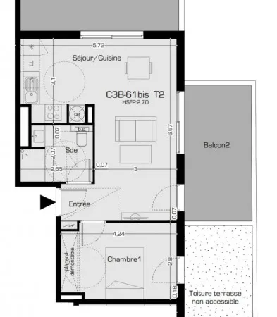 Appartement en résidence 2 pièces 46 m² 