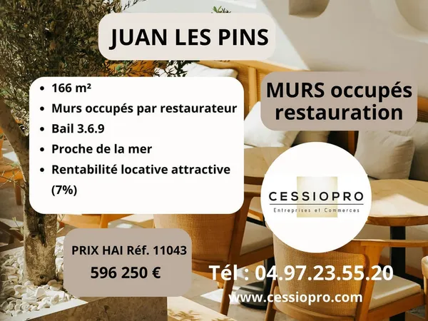 Murs commerciaux occupés, 166 m2, bail 3.6.9, restauration, proche de la mer, Juan les Pins 