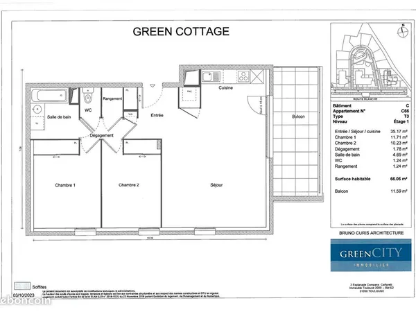Appartement 3 pièces 66 m² 