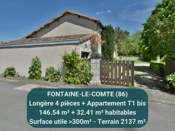 Vends maison 147m² Fontaine-le-Comte 86240, longère, 4 pièces, dépendances + T1bis loué
