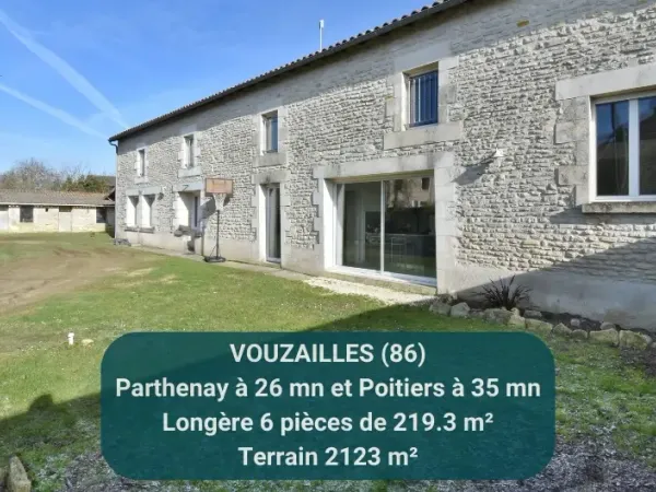Vends maison 219m² Vouzailles 86170 - Longère 4 chambres - Grand terrain et vie de plain-pied possib