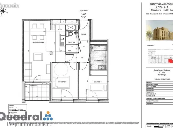 Appartement 3 pièces 64 m²