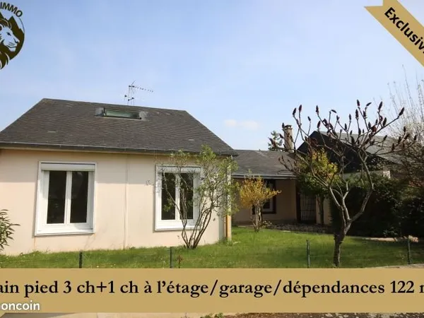 Plain-pied 3 chambres + 1 ch à l'étage 122 m² + garage + dépendances