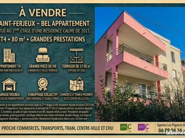 Saint-Ferjeux - Bel appartement T4 de 80 m² avec terrasse, garage double et place de parking