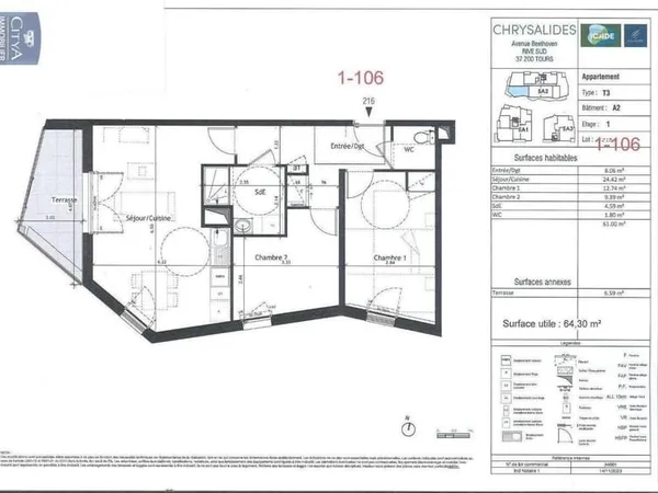 Appartement 3 pièces 61 m²