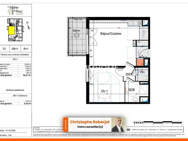 Appartement 2 pièces de 50m2 avec balcon et parking privatif à Beaune