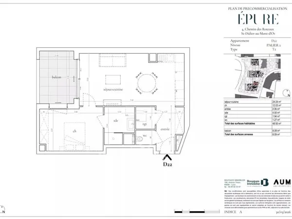 Saint Didier au Mont d'Or - Appartement de 48,93 m² - 1 chambre - Balcon de 8,09 m² - Garage en sous