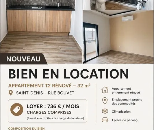 À louer - T2 rénové de 32 m² - Saint-Denis Rue Bouvet