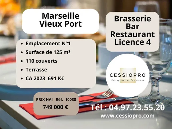 Brasserie Bar, restaurant licence 4 sur le vieux port de Marseille. Emplacement numéro 1. Terrasse
