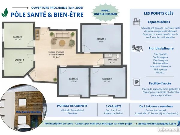 Cabinets partagés à louer - Pôle Santé - Rodez / Onet le château (dès 1j/semaine)