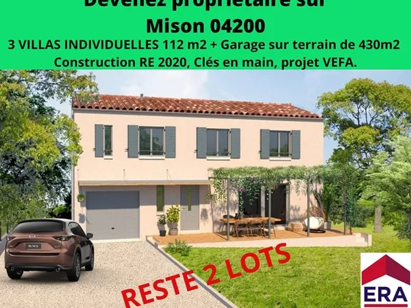Villa neuve de 112 m², jardin et garage sur un terrain de 445m², 04200 Mison