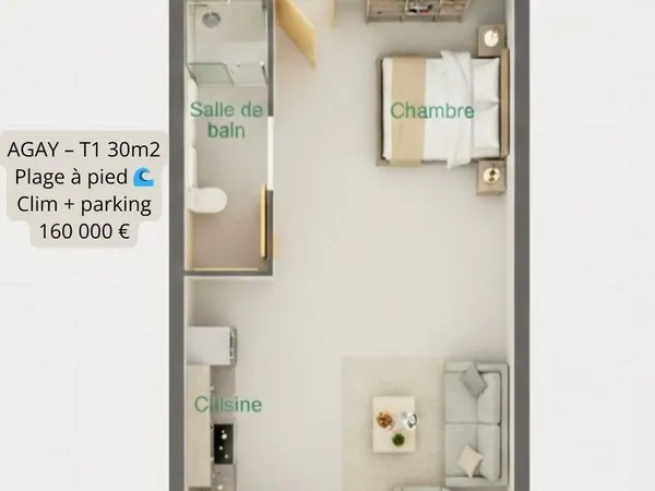 🏡 T1 entièrement rénové - Clim + Parking - Agay