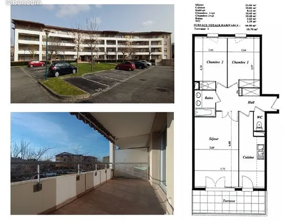 Appart. 3 Pièces 66m2 avec terrasse parking aérien et box fermé