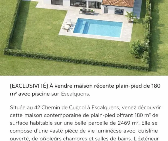 ? Terrain + projet maison 180 m² avec piscine ? Escalquens (rare)
