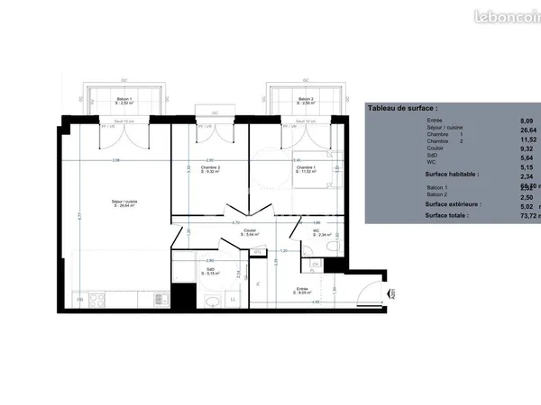 Appartement 3 pièces 69 m²