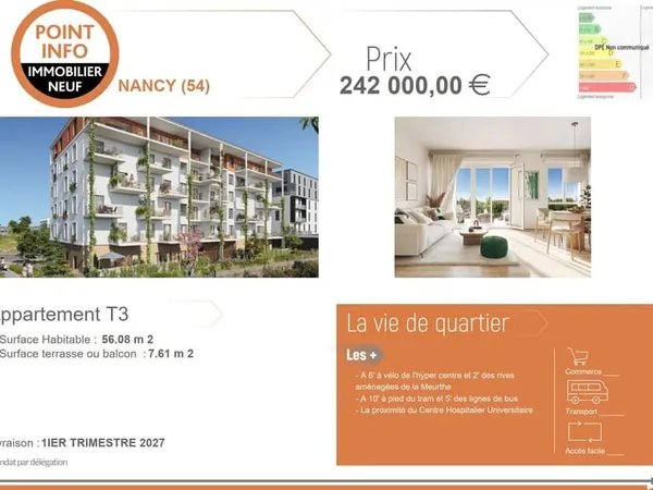 NANCY, Votre appartement T3 neuf proximité centre et rives de Meurthe