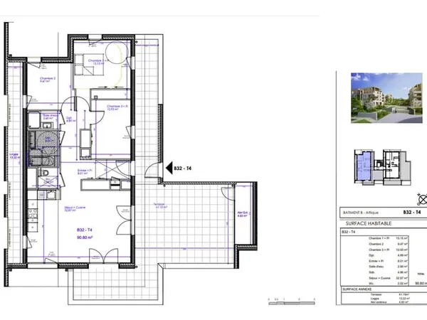 Sciez, appartement 4 pièces de 90,80 m2 au dernier étage, très grande terrasse