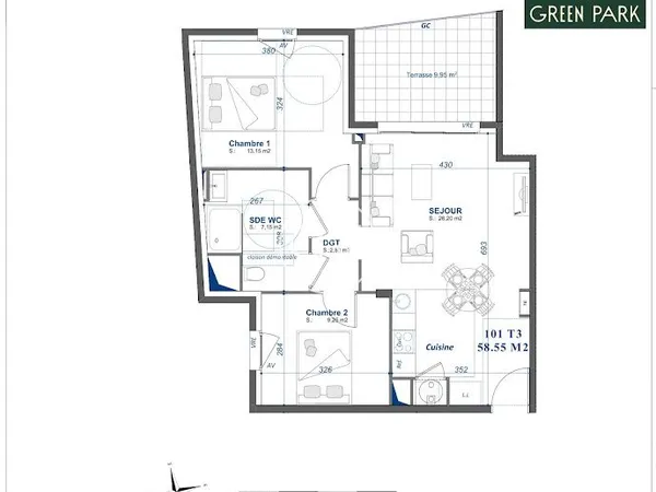 Appartement 3 pièces 59 m²