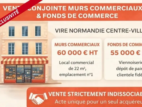 FONDS DE COMMERCE ET MURS COMMERCIAUX INDISSOCIABLES A LA VENTE VIRE NORMANDIE