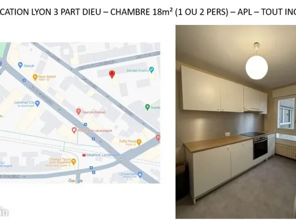 COLOCATION LYON 3 PART DIEU- CHAMBRE 18m² (1 OU 2 PERS) - APL - TOUT INCLUS