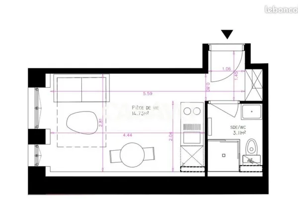 Studio 1 pièce 18 m²