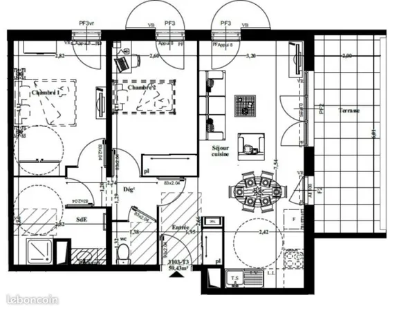 Appartement 3 pièces 59 m²