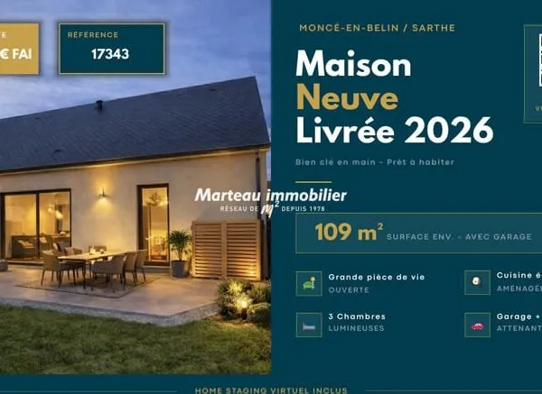 NOUVEAUTÉ - Maison Neuve livrée 2026 - 3 Chambres - Jardin 420 m2 - Classe énergétique A - Disponibl