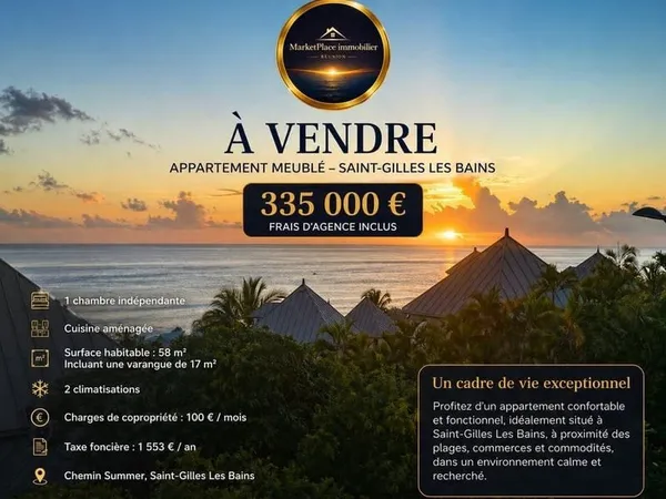 Appartement meublé avec vue océan à Saint-Gilles-les-Bains
