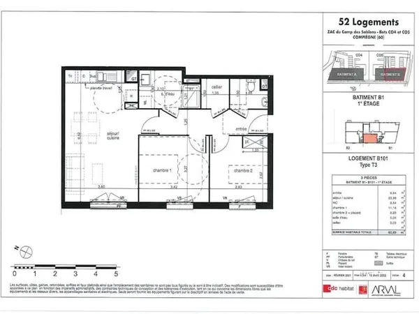 Appartement 3 pièces 59 m²