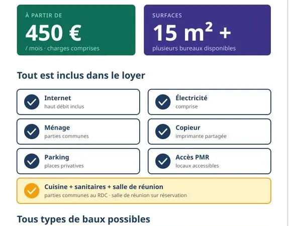 Bureaux à louer Aubière 63 — Charges incluses — Dès 450/mois