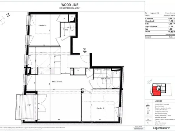 Lyon 7ème - Rue Montesquieu - Appartement de 65,80 m², 2 chambres, Loggia, Cave