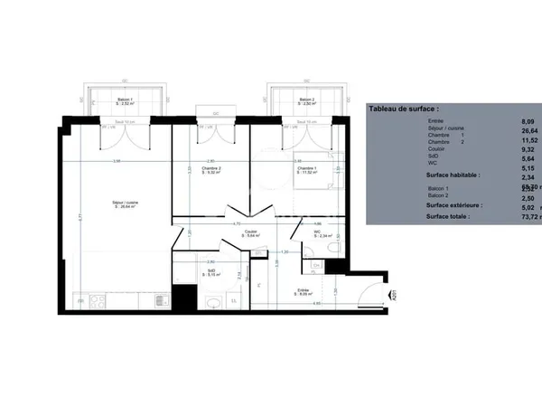 Appartement 3 pièces 68 m²