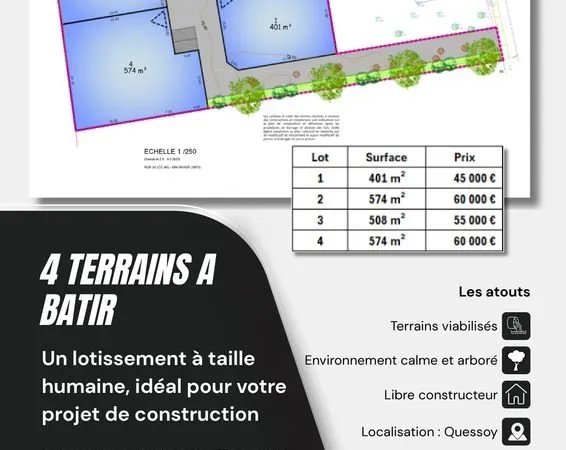 Terrains à bâtir viabilisés - Quessoy - Libre constructeur - 508 m² - 55 000 net vendeur