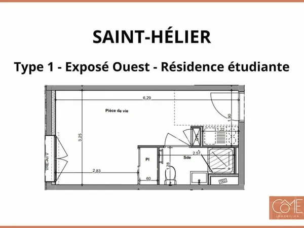 TYPE 1 de 19,21m² - EXPOSÉ OUEST - RÉSIDENCE ETUDIANTE - SAINT-HÉLIER - RENNES