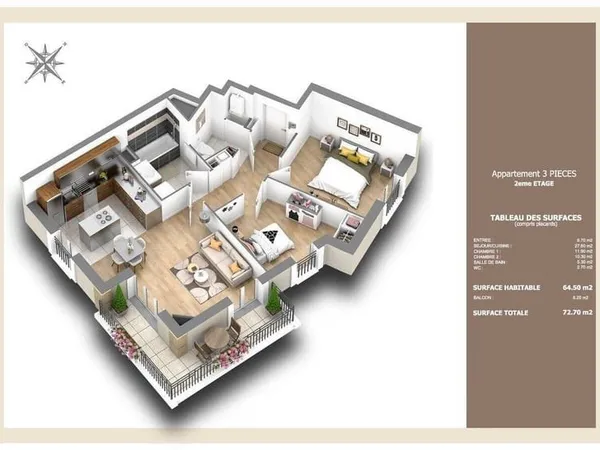 Appartement 3 pièces 65 m²