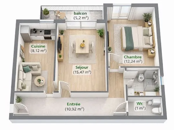 Appartement 2 pièces 52 m²