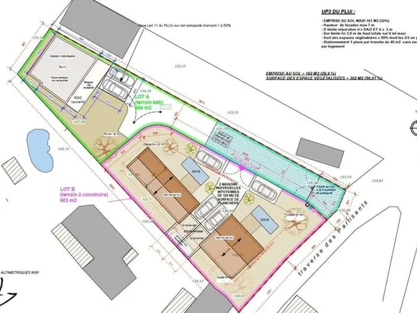 Aux Olives, terrain de 270 m² vendu avec permis de construire pour villa de 113m² avec garage + pisc