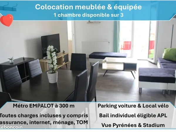 1 chambre disponible le samedi 18 avril dans colocation spacieuse toutes charges et services compris