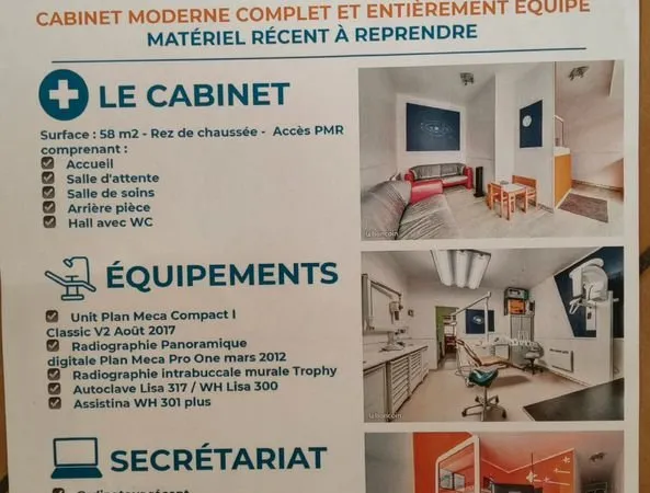 Cabinet dentaire moderne avec matériel récent à reprendre à Givet