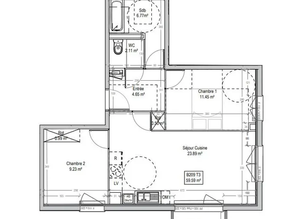 Appartement 3 pièces 59 m²