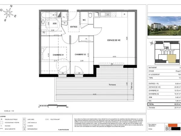 Appartement 3 pièces 63 m²