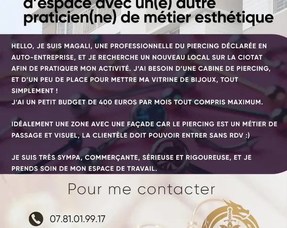 Body pierceuse recherche un local